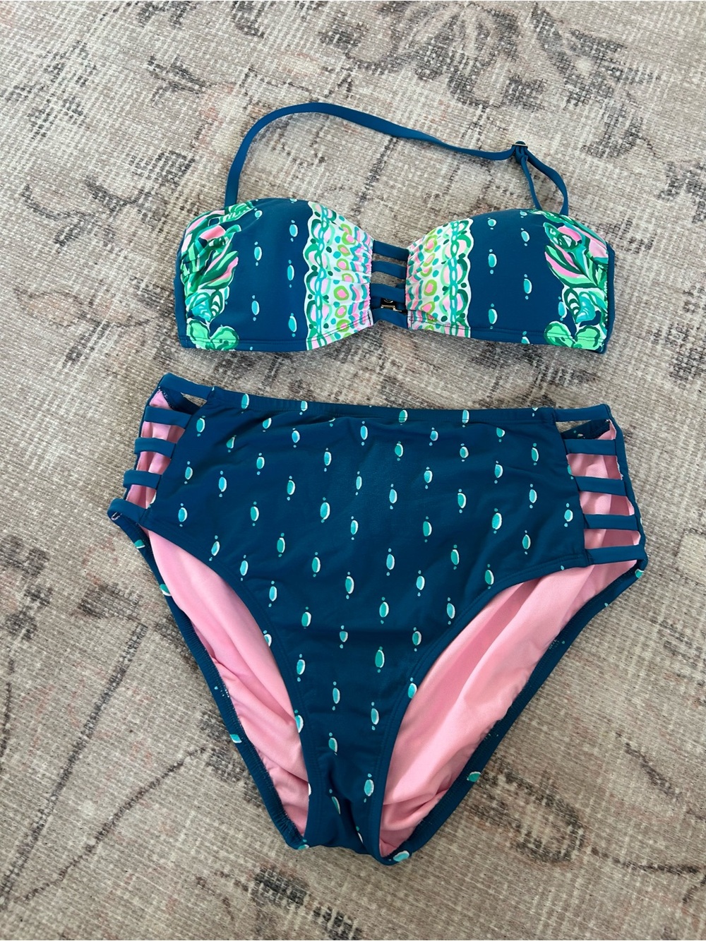 Lilly Pulitzer Teal Printed Bandeau High-Waist Bikini Set - Women Swim